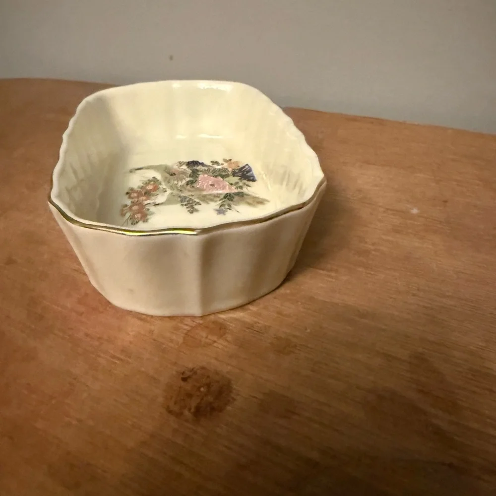 Vintage Japanese Porcelain floral, bird, print gold edge Soap or Trinket Dish